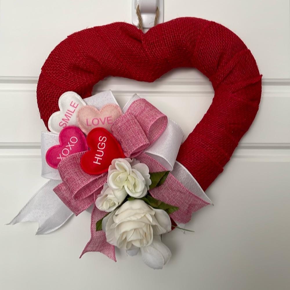 Red burlap heart shaped Valentines Day wreath